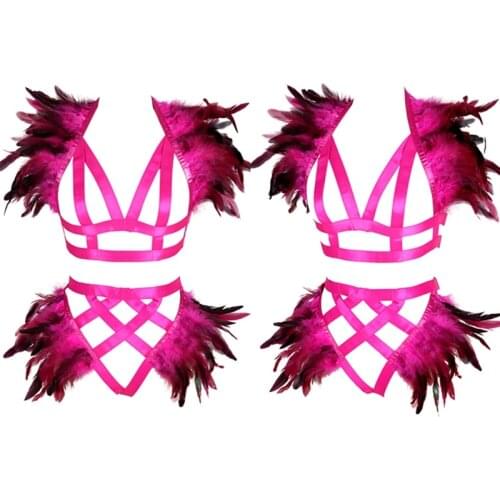 Women Angel Wings Feather Epaulettes Shoulder Harness Bra Panties Set Steampunk Goth Fetish Adjust BurningMan Festival Rave Wear