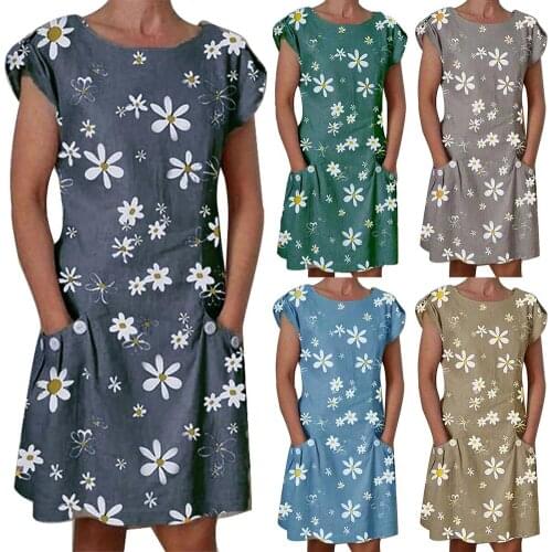 Hot Sale Women Boho Dress Sexy Summer Casual O Neck Short Sleeve Marguerite Print Pockets Knee-length Dress women Vestidos 3xl