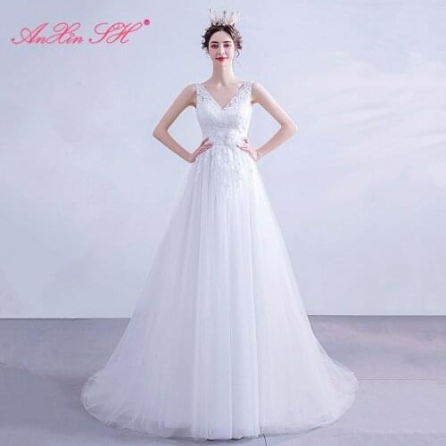AXJFU vintage princess Sexy lace deep V-neck sleeveless Princess Bride seascape exterior backless tail light wedding dress 3208