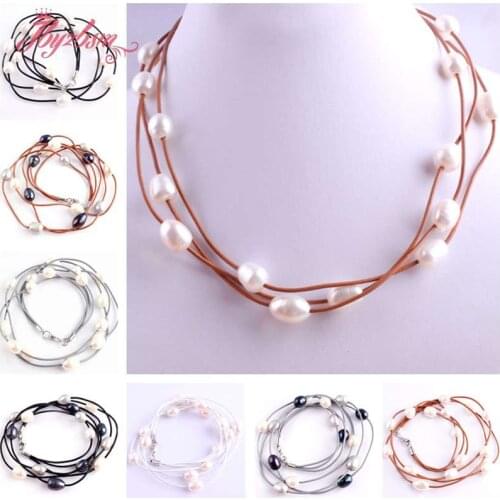 10-12mm Oval Freshwater Pearl Natural Stone Beads For Christmas New Year Gift Jewelry Leather Necklace Lobster Clasp 16"