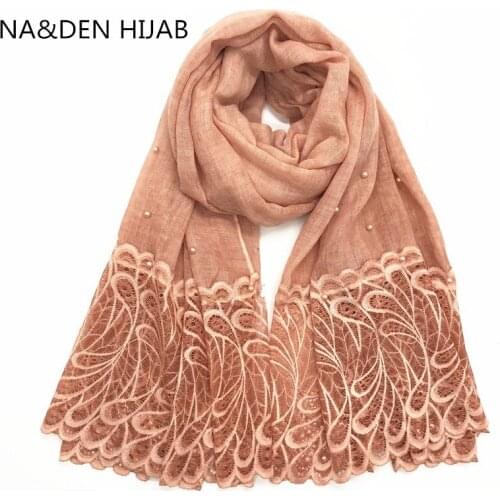 Luxurious viscose solid plain flower two sides lace pearls elegant women scarf shawls muslim hijab wraps bandana pashmina 10pcs