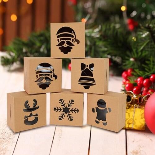 5pcs Christmas Kraft Paper Box Snowflake Bell Santa Deer Candy Box with Window Xmas New Year Favor Apple Gift Packaging Supplies