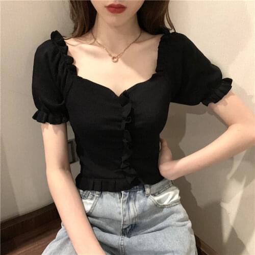 Blouses Shirts Women V-neck Summer Puff Sleeve Chic Korean Style Crop Top Female Pleated Knitting Casual Sexy Blouse Womens New