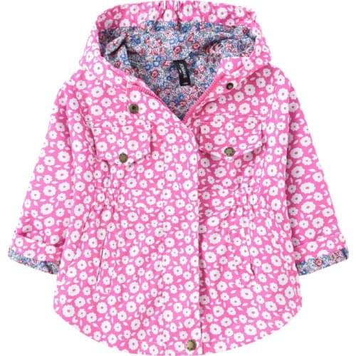 Childrens jacket spring and autumn female treasure fashion flower windbreaker jacket childrens waist hooded mid-length jacket