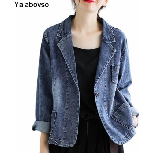Jeans Coat With Pocket Long Sleeve Tops Turn Down Collar Denim Jacket Womens Autumn New Loose Casual Dark Blue Female Outwear