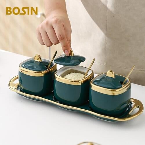 Nordic Style Ceramic Kitchen Seasoning Pot Spice Can Bowls With Spoon Procelain Holder Salt Monosodium Glutamate Container