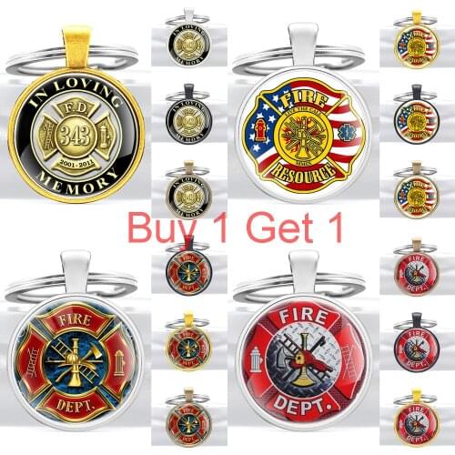Buy 1 Get 1 Classic Firefighter Pattern Glass Dome Key Chains Men Women Fireman Key Ring Jewelry Gifts