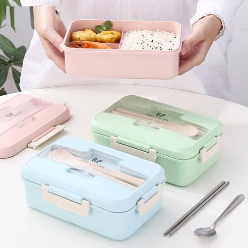 Lunch Box Microwave Food Storage Container with Spoon Chopsticks Wheat Straw Dinnerware Children Kids School Office Bento Box
