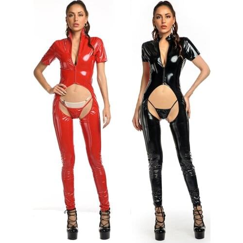 Short Sleeves Wet Look Open Crotch Latex Catsuit with Thong Set Back Lace Overalls Bodysuit Lingerie Party Nightclub Fetish Wear