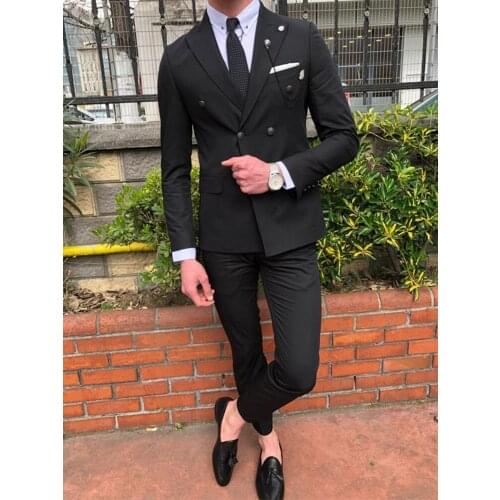 ANNIEBRITNEY Double Breasted Black 2 Piece Slim Men Formal Suit 2020 Groom Wedding Tuxedo Custom Prom Wedding Business Men Suit