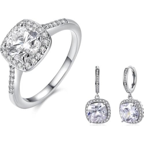 Silver Color Jewelry Sets for women, square AAA Austrian Cubic Zirconia ring + earrings set,ring size 5-9 parure bijoux femme