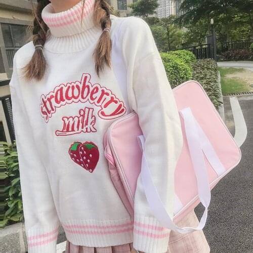 Japanese New Winter Preppy Style Turtleneck Sweater Girls Kawaii Strawberry Milk Pink Femle Jumper Knitting Pullovers Sweaters