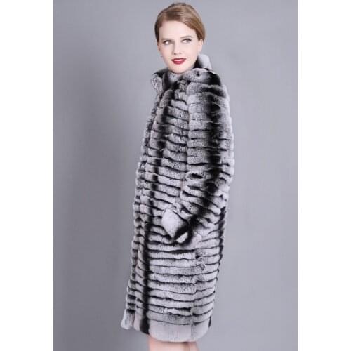 Rex rabbit chinchilla real fur coat fox fur jacket with chinchilla color stand collar 2019 new long women coat 90cm