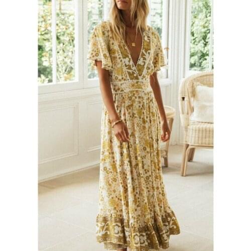 Sexy Summer Floral Printed Boho Long Sundress Women Casual Fashion Short Sleeve Deep V Neck Hollow Open Back Dress Party Holiday