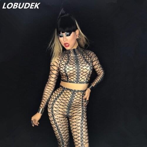 Sexy leotard Rompers female costume Shining stone Crystal one-piece sexy jumpsuit black bodysuit stage wear Diamond jumpsuit