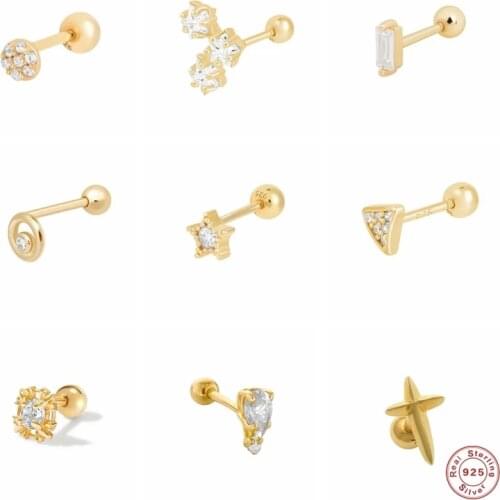 Aide 1PC 925 Sterling Silver Zircon Star Triangle Stud Earrings Geometric Crystal Cartilage Helix Piercing Ear Studs Pendientes