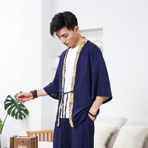 Fancy Dragon Printed Loose Large Size Linen Kimono Chinese Style Slubby Hanfu Sunscreen Cardigan Fashionable Mens Tunic Flax