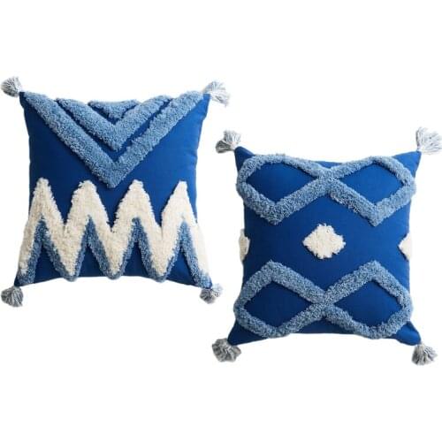 Boho Morocco Decorative Throw Pillow Case White Blue Geometric Zig Zag Diamond Pattern Woven Tufted Tassel Cushion Cover