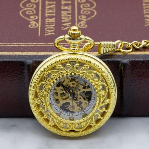 Vintage Steampunk Mechanical Pocket Watch With Chain Hollow Hand-winding Pendant Clock Unisex Gold Bronze PJX1321