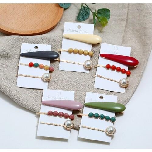 Pearl Hair Clip Three-piece Geometric Nail Shape Word Clip Side Clip Candy Color Pearl Hair Clip Accessories