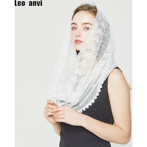Leo anvi moda mujer bandana women white lace hijab foulard head scarf Floral embroidery head cover Neck Rings