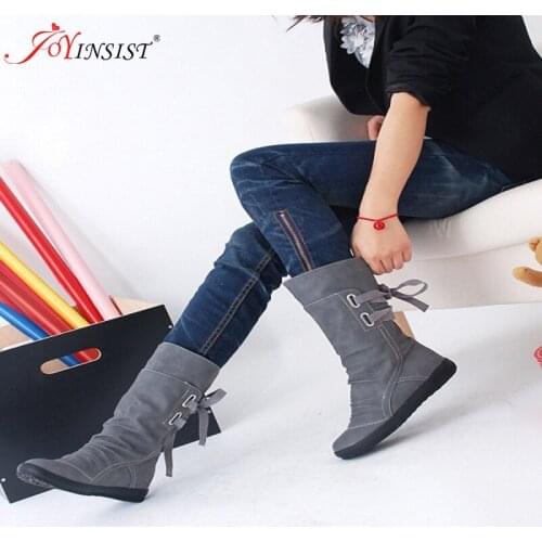 2019 Mid-Calf Boots Women Fashion Platform Boots Slip On Lace-up Solid Flat Heels Ladies Casual Warm Shoes