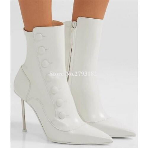 Women Newest Fashion Pointed Toe White Leather Metal Stiletto Heel Short Boots Buckles Zipper-up High Heel Ankle Booties Heels