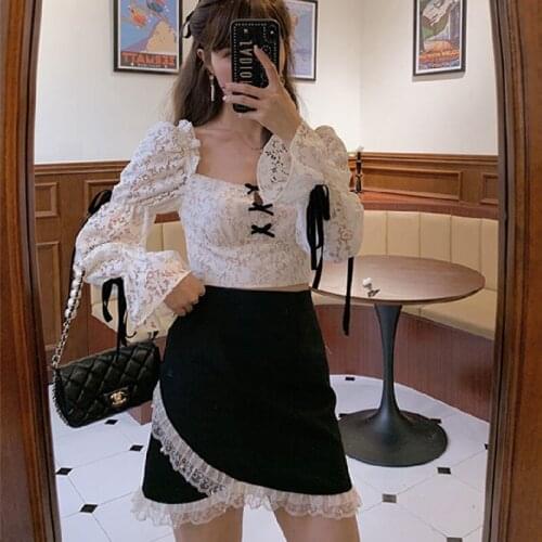 2021 Autumn Clothing 2 Piece Set Women Fashion Sexy Suit Lace Bow Flare Sleeve Top+ Patchwork Designer Skirt Gothic Korean Style