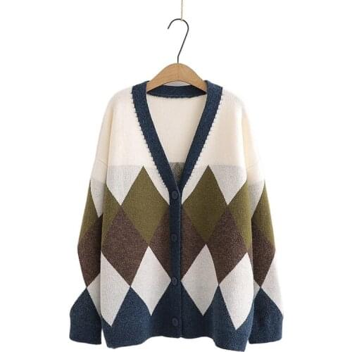 2021 Winter knitted Women Cardigan Argyle Jacquard V-neck Long Sleeve Warm sweater Coat Preppy Style Girl Sweet Knitwear Jumpers