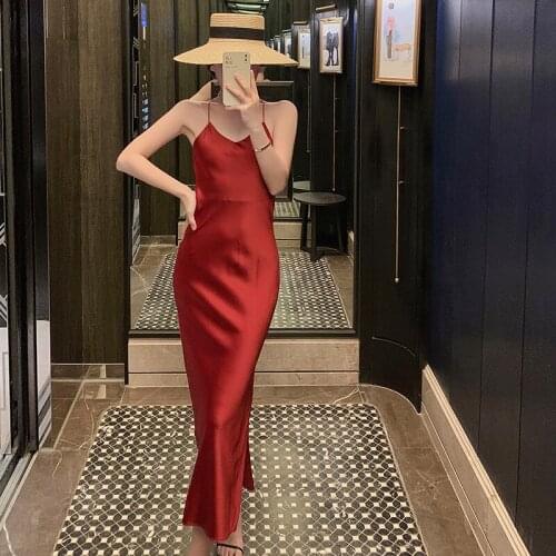 Women Satin V Neck Sexy Dress red Straight Party Dress Elegant Female Summer Spaghetti Strap Dress Casual dress summer 2020
