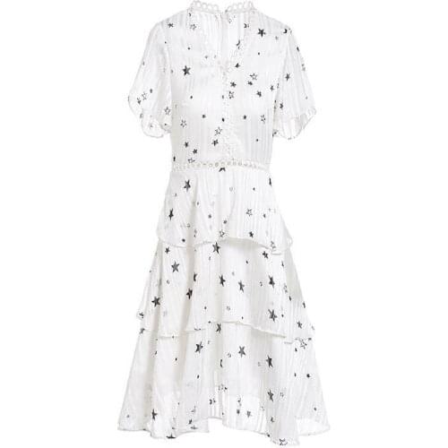 High Quality 2019 Summer New Fashion Designer Womens Dress Temperament V-neck Short Sleeved Big Swing Cake Dresses Female W286