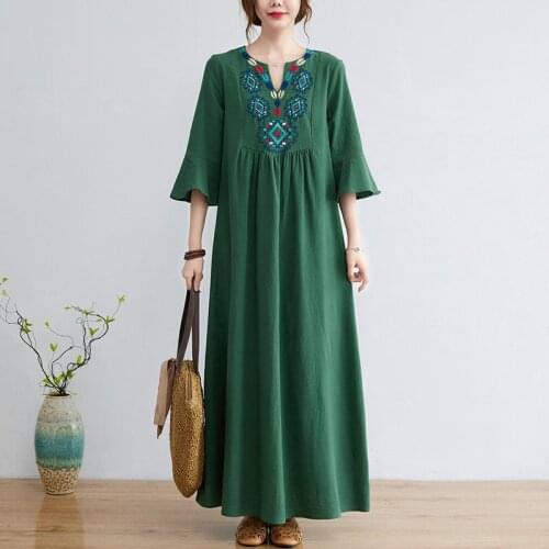 2021 New Arrival Soft Cotton Linen Summer Autumn Dress Embroidery Floral Vintage Dress Holiday Travel Casual Women Spring Dress