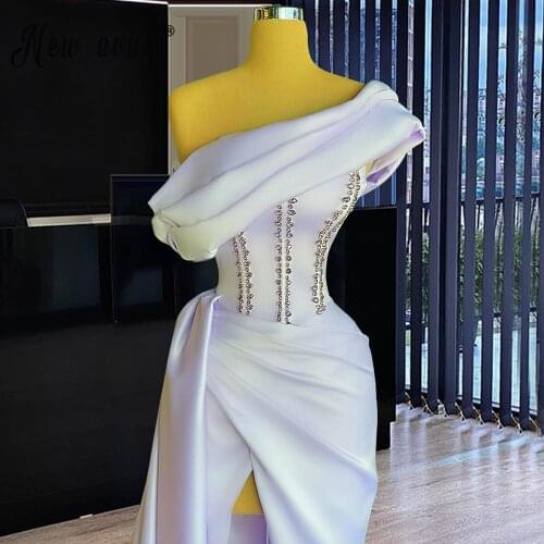 Arabic Satin White Crystals One Shoulder Evening Gown 2021 One Shoulder Mermaid Evening Dresses Birthday Party Wear
