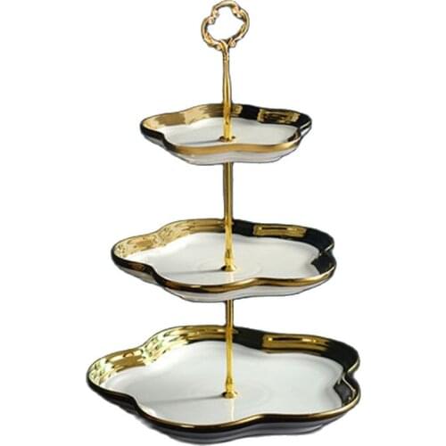 White Ceramic Fruits Plate With Gilt Border Candy Tray Three-layer Cake Plates Snack Stand Holder Ceramics Storage Tray