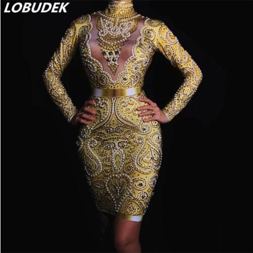 Sparkly Gold Rhinestones Pearls Skinny Dress Glass Diamond Long Sleeve Mini Dress Formal Party Women Nightclub Clothing Costumes