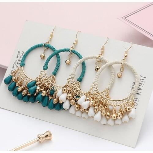 Bohemian Round Water Drop Tassel Earrings Jewelry Ethnic Style Hand Woven Hollow Geometric Statement Earrings for Women Girls