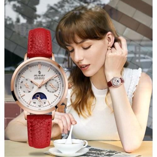 Watch Womens Senors Popular Three Eye Multi Function Fashion Womens Watch Red Belt Quartz Watch