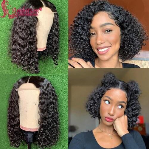 Ambition Black Curly Closure Hair Wigs Preplucked Lace Hair Curly Bob Wigs #1b Human Hair Front Lace Wigs Bleached Knots