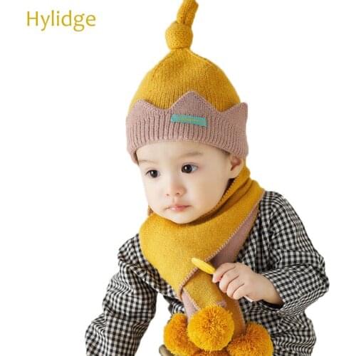 Hylidge Fleece Liner Warm Winter Baby Hat Scarf Set Knot Toddler Beanie Cap Pompom Scarf Knitted Boy Girl Hats Kids Accessories