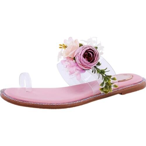 Beauty Rose Flower PVC Slipper Sandals Rhinestone Drilled Flat Sole Clip Toe Summer flower Slide Shoes