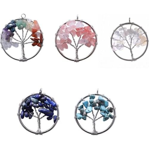 Lucky Mixed Crystal Stone Tree of Life Pendant Healing Handmade Wire Wrapped Quartz Pendant for Necklace Making 7 Chakras Gift