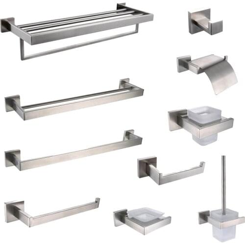 Leyden Brushed 304 Stainless Steel Wall Mounted Bathroom Accessories Set Clothes Towel Hook Soap Dish Glass Shelf For Bathroom