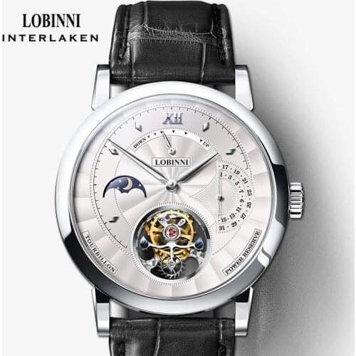 LOBINNI Real Tourbillon Men Watch Seagull Movement Mechanical Watch Sapphire Glass Moon Phase Multifunctional Mechanical Watch