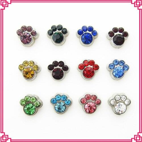Mix 120pcs/lot Metal 12 Month Birthstone Crystal Dog Cat Paw Floating Charms For Living Glass Floating Lockets Necklace Jewelry