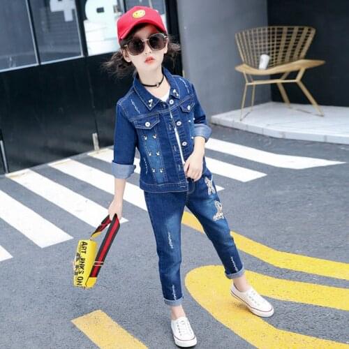 Fashion Spring Autumn Kids Girls Clothing Sets Denim O-Neck Tops + Jeans 2 PCS Long Sleeve Cute Denim Suits 6 To 15 Years Old