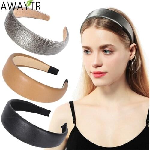 AWAYTR Leather Headband Solid Color Women Hair Accessories Mujer Velet Inside Wide Hairband Sweet Girls Hair Hoop Haarband