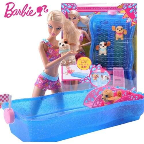 Original Barbie Swim & Race Pups Dog Swimming Game with Bath Girl Baby Doll for Birthday Gift Toys Boneca Juguetes for Children