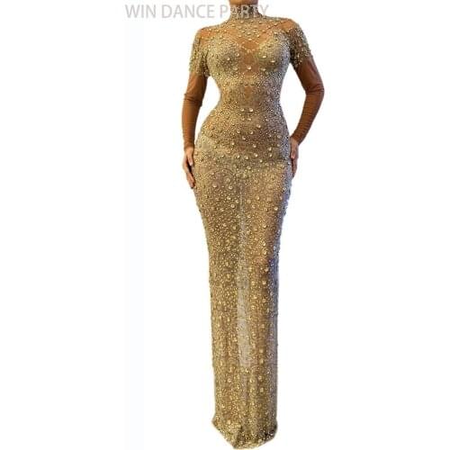 Sexy Mesh See Through Crystal Dress Stretch Rhinestones Party Evening Long Dress Women NightClub Bodycon Dress Singer Stage Wear