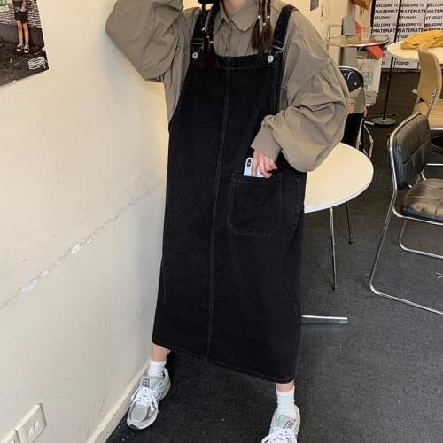 Dress Women Sleeveless Denim Blue Leisure Loose Female Dresses Square Collar Adjustable Strap Multi-Pocket Long Hip-Hop Clothing