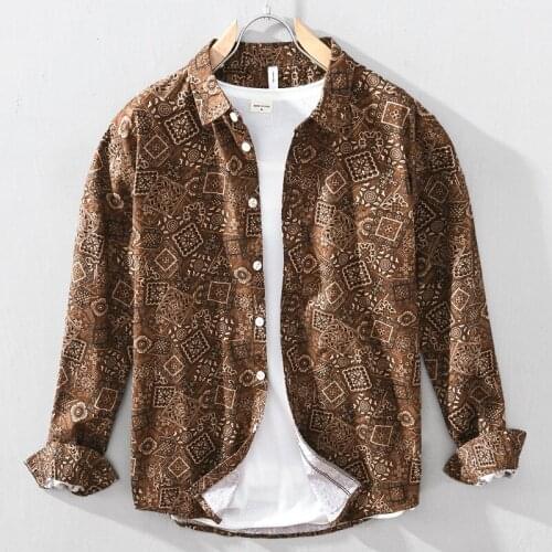 L04Y Men Spring Autumn New Full Printing Shirts Vintage Casual Loose Lapel Long Sleeve Holiday Outdoor Coats Male Clothes Blouse